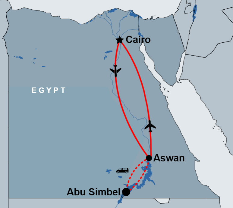 One Day Tour to Abu Simbel from Cairo via Aswan map One Day Tour to Abu Simbel from Cairo via Aswan map
